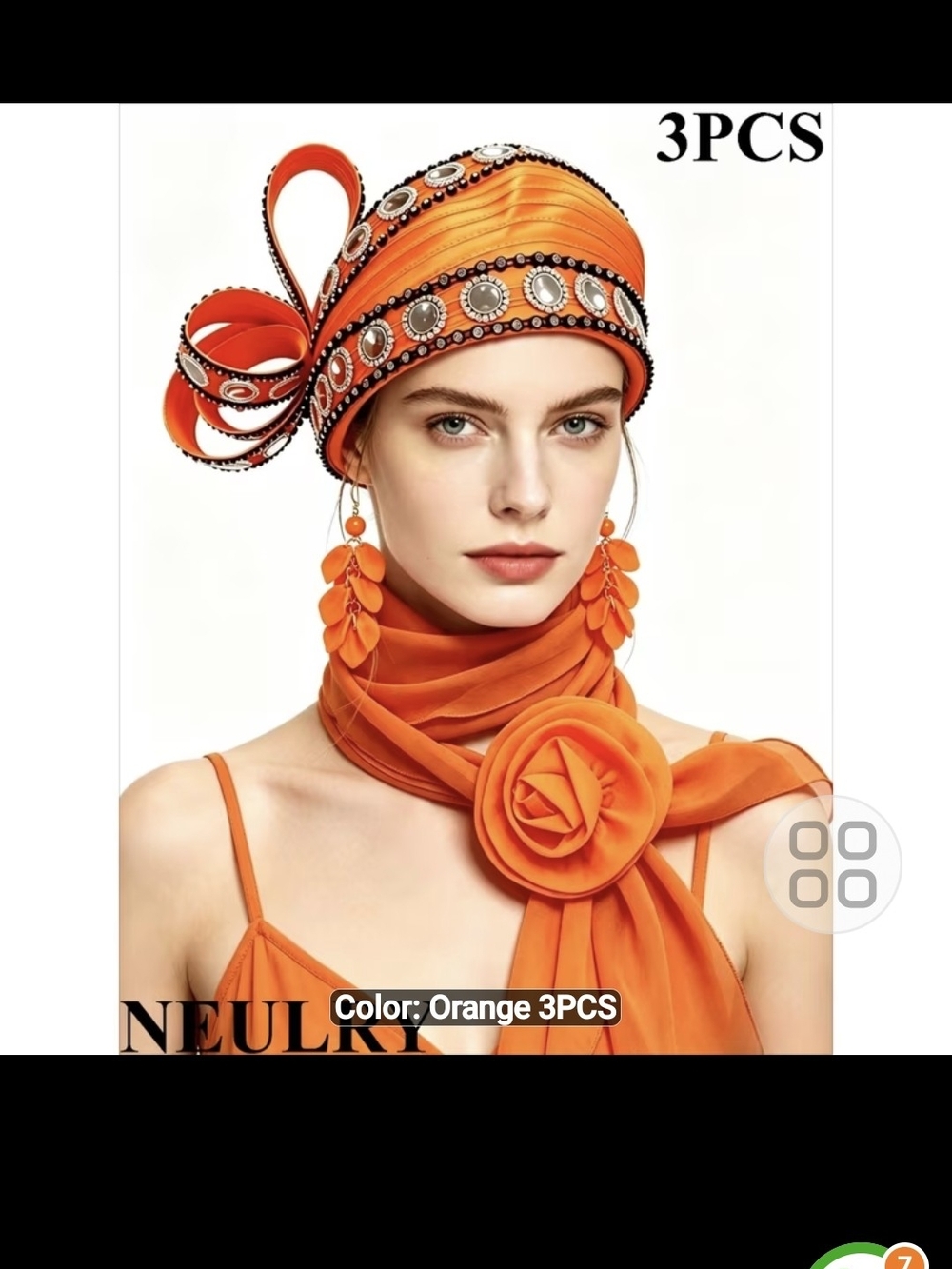 Orange Satin Headwrap Scarf Set with Flower Accent